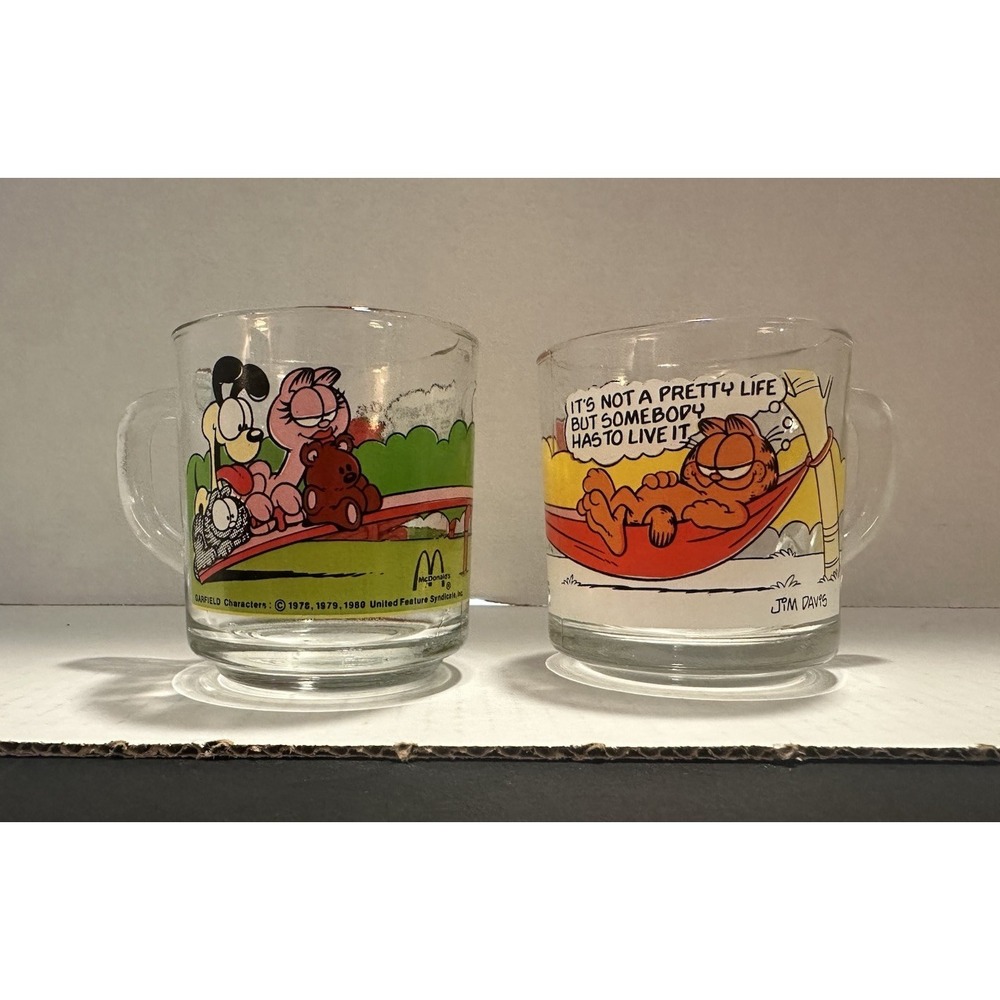 McDonald's Garfield Glass Coffee Cup Mug by Jim Davis L Vintage 1978 Lot Of 2